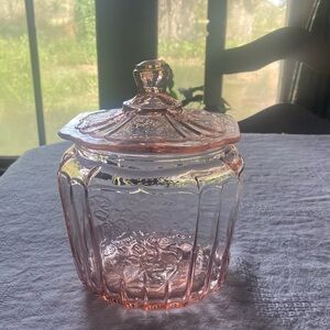 1930s Hocking Glass Mayfair Open Rose Pink Depression Glass Cookie Jar w/Lid